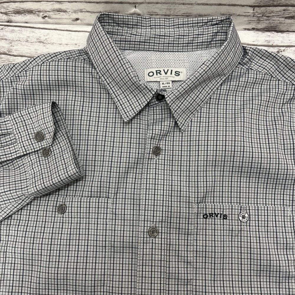 Orvis Seersucker Button Up Gray Plaid Long Sleeve Lightweight Mens XL Vented